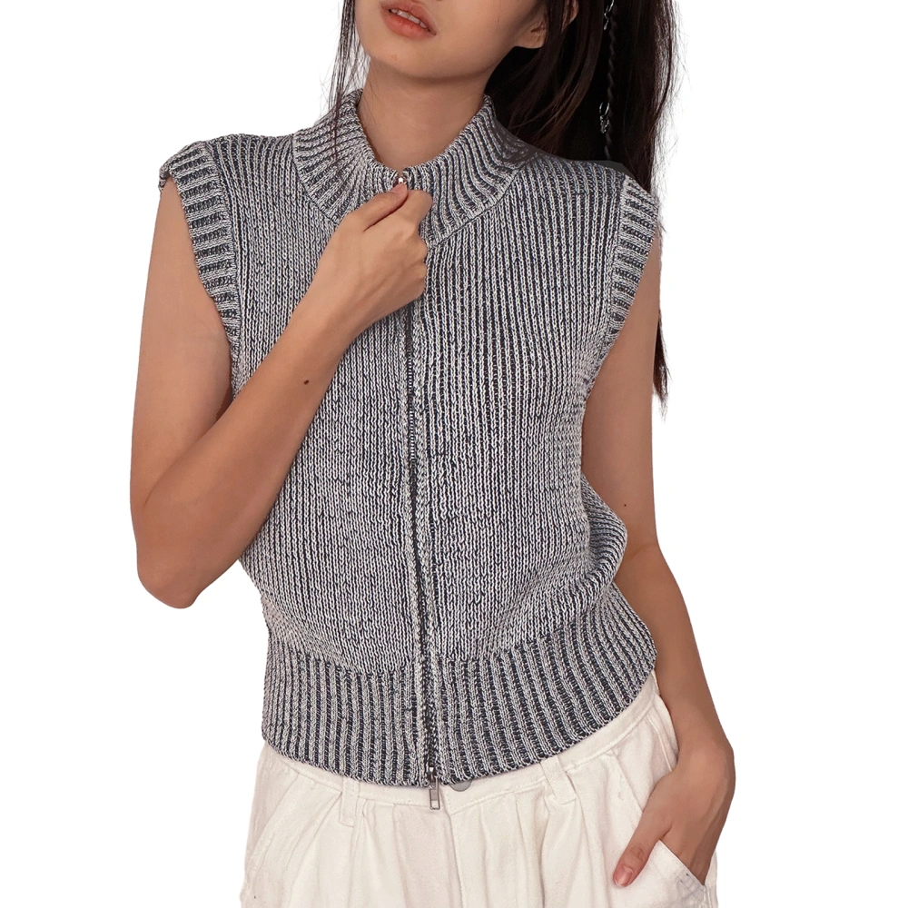 Women Striped Slim Fit High Neck Zipper Knit Vest Streetwear