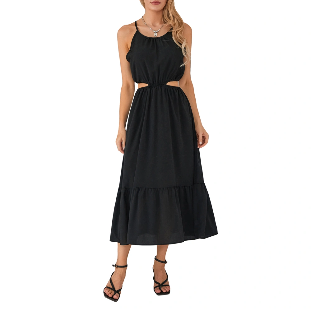 Women Summer Long Dress Solid Color Halter Neck Sleeveless Dress