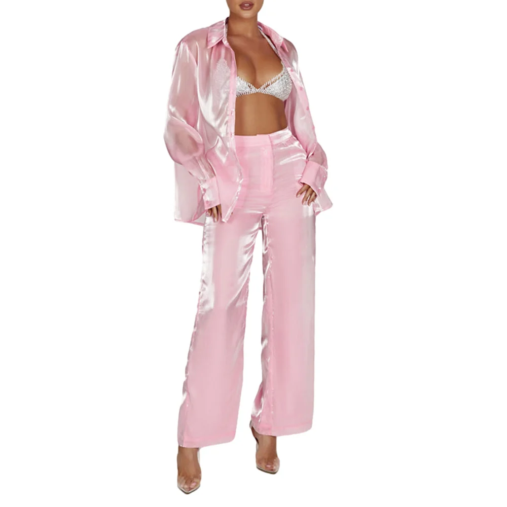 Women Pants Suit, Long Sleeve See-through Shirt with High Waist Pants