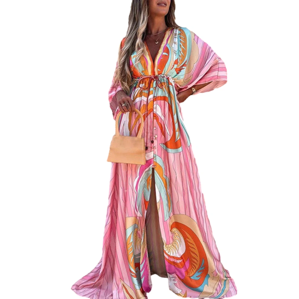 Women Summer Flower Print Loose Fit V Neck Button High Split Long Dress