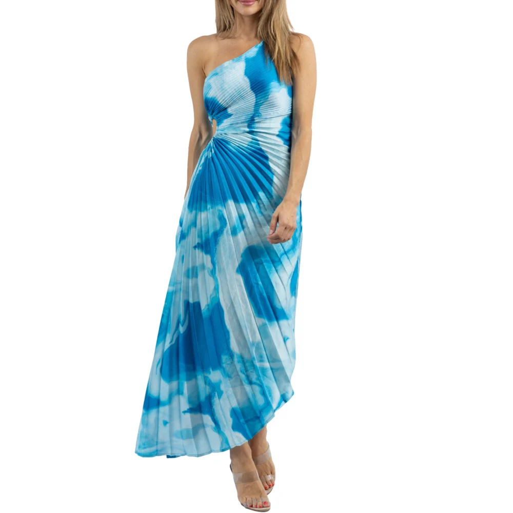 Women Long Dress, One-shoulder Pleated Tie-dye Print Swing Dress