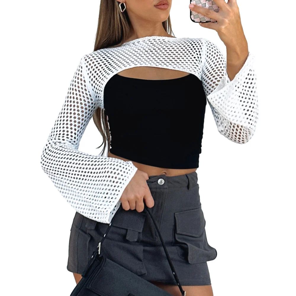 Women Crochet Shrug Solid Color Hollow Out Knitted Crop Tops