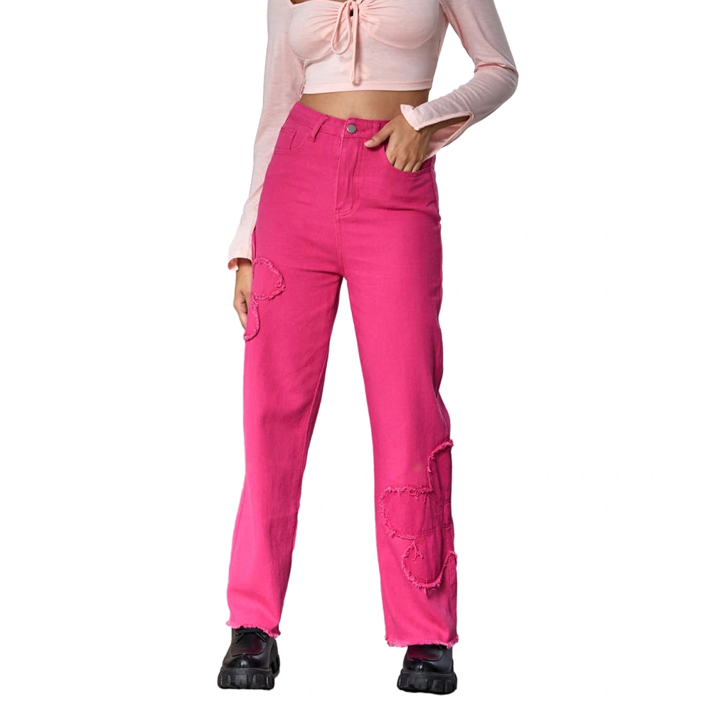 Women High Waist Pants Flower Pattern Frayed Hem Slim Trousers