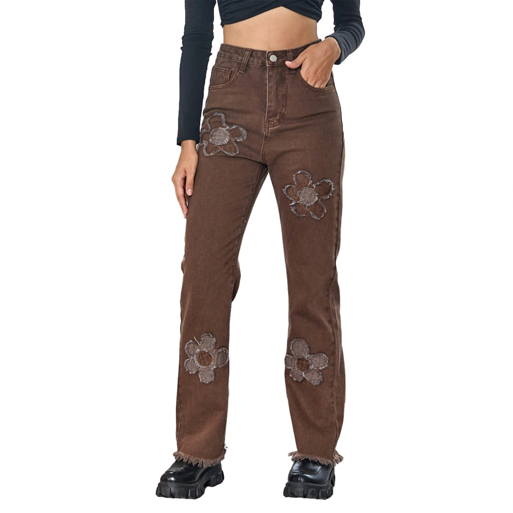 Women High Waist Pants Flower Embroidery Frayed Hem Slim Trousers