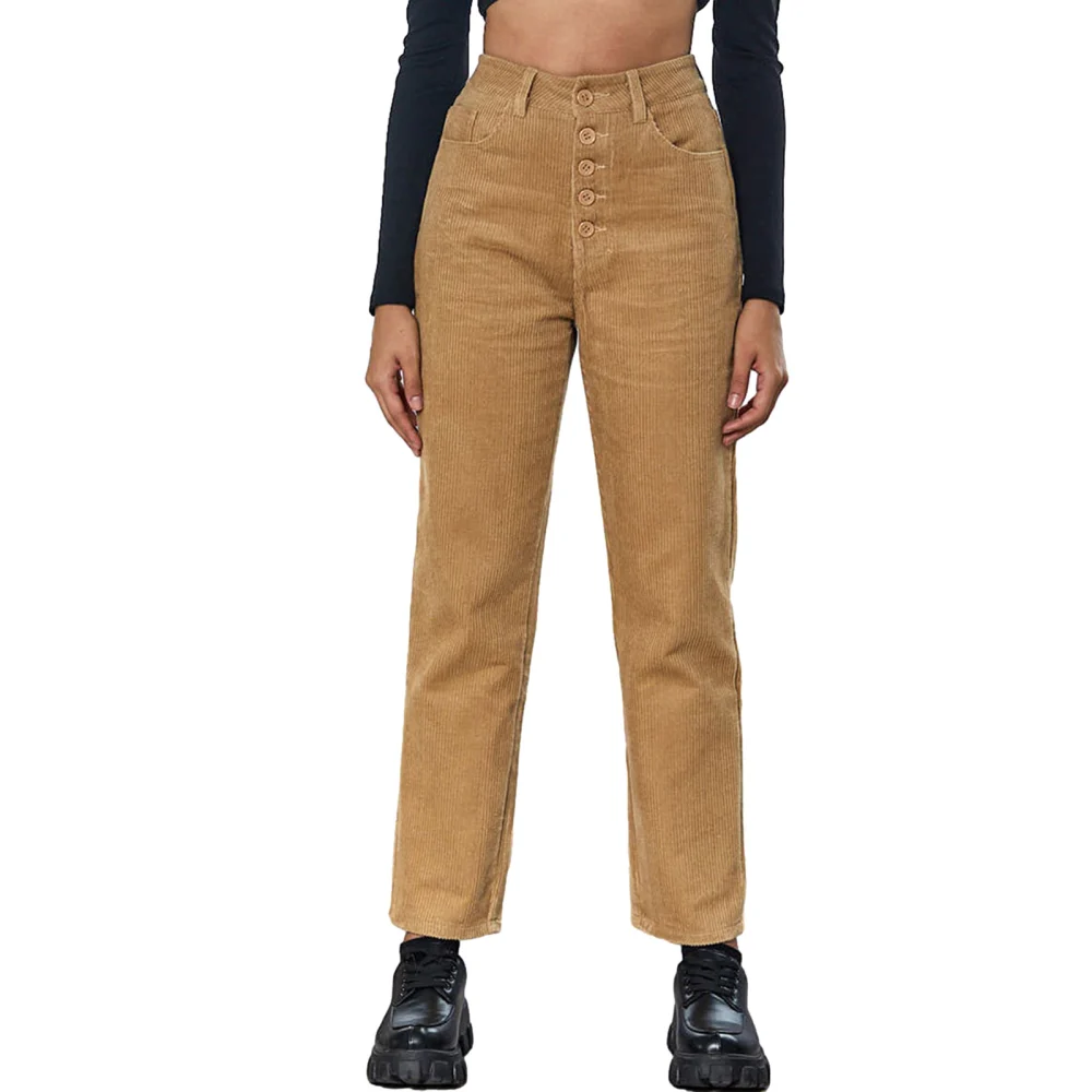 Women Corduroy Trousers Solid Color High Waist Straight Leg Pants