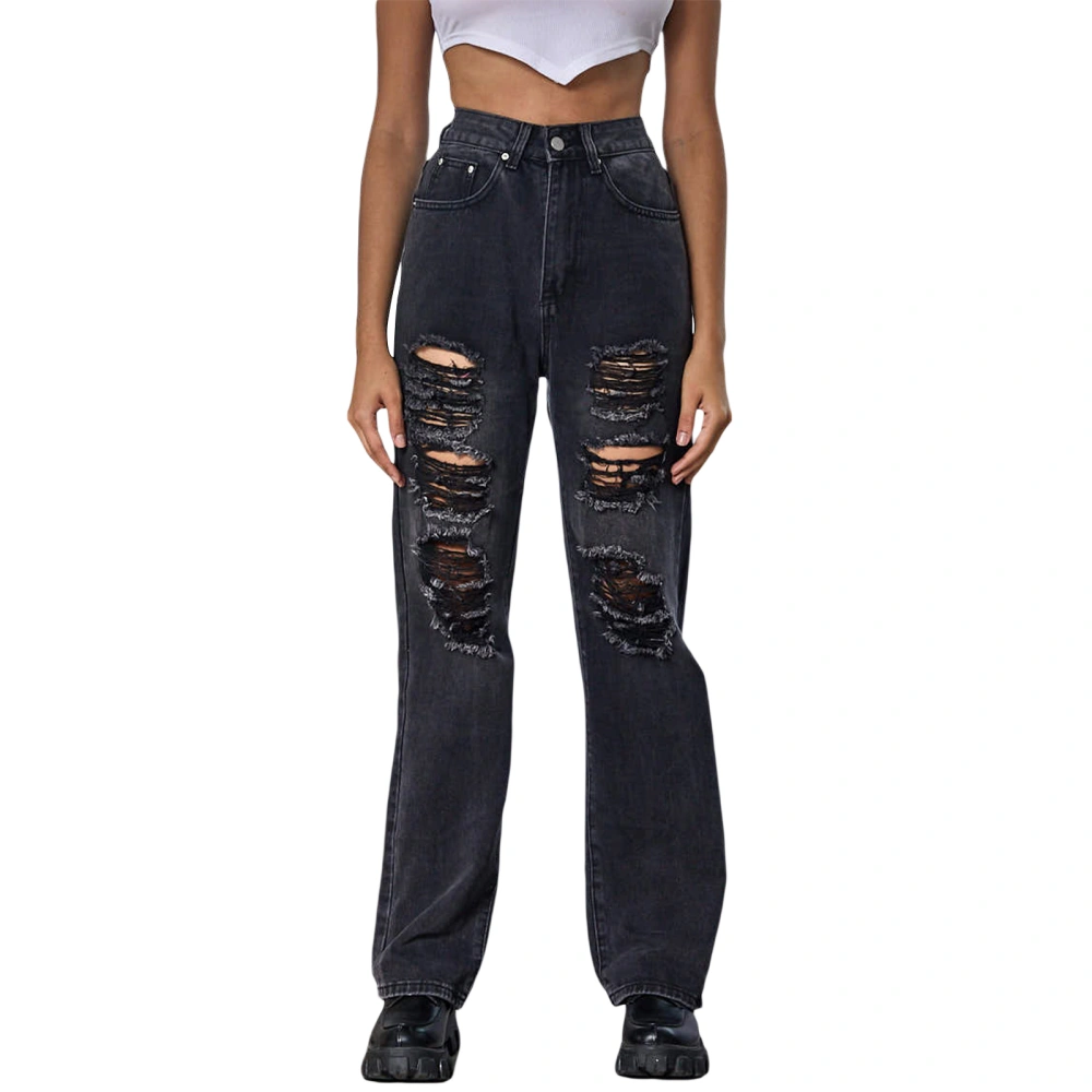 Women Ripped Jeans, High Waist Zipper Button Trousers with Pockets