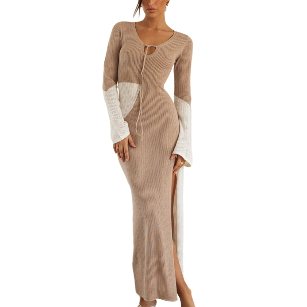 Women's Knit Dress Contrast Color Tie-Up V-Neck Long Sleeve Dress 