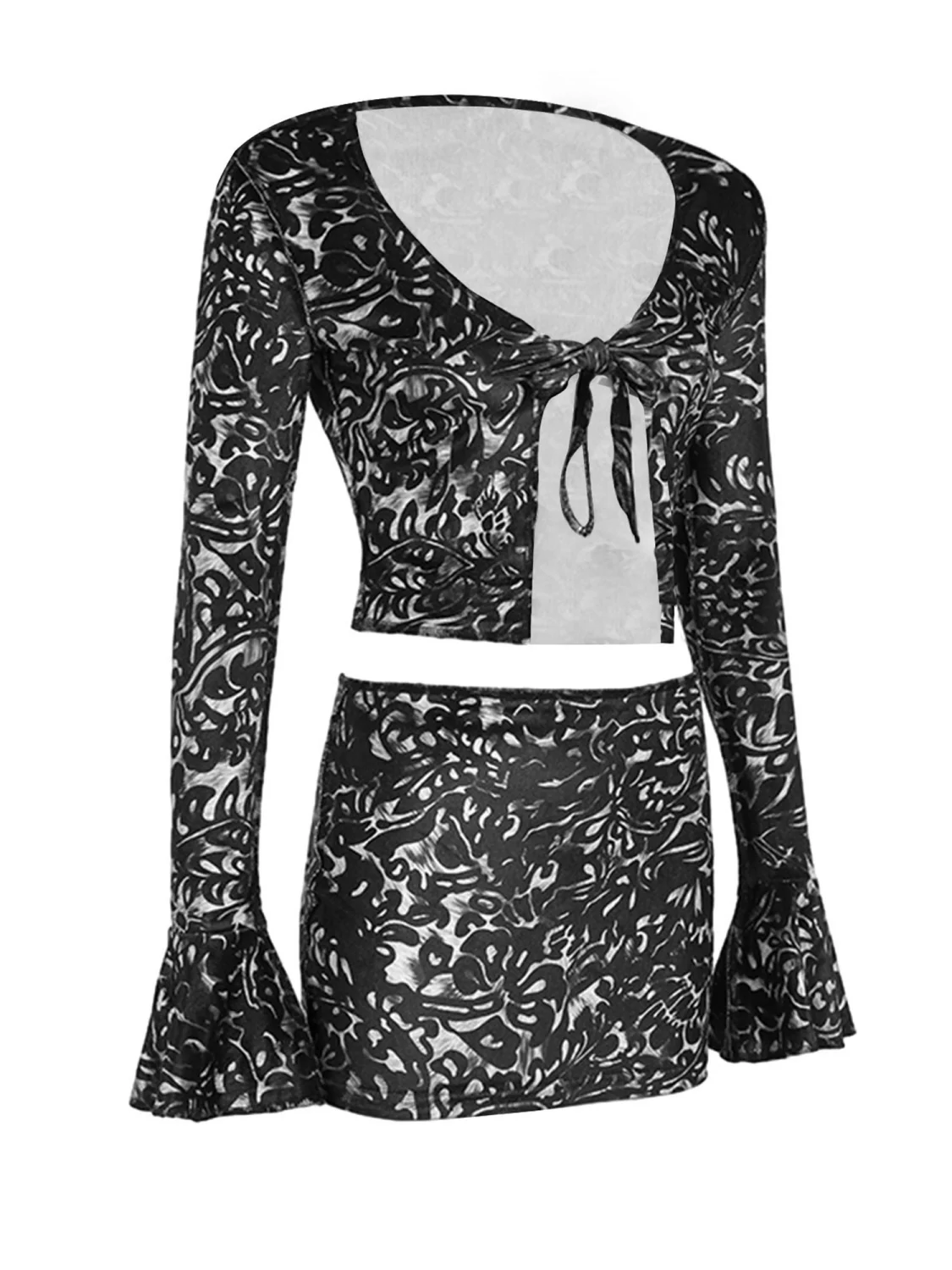 Women Spring Skirts Outfits Retro Print Crop Tops Mini Skirts Set