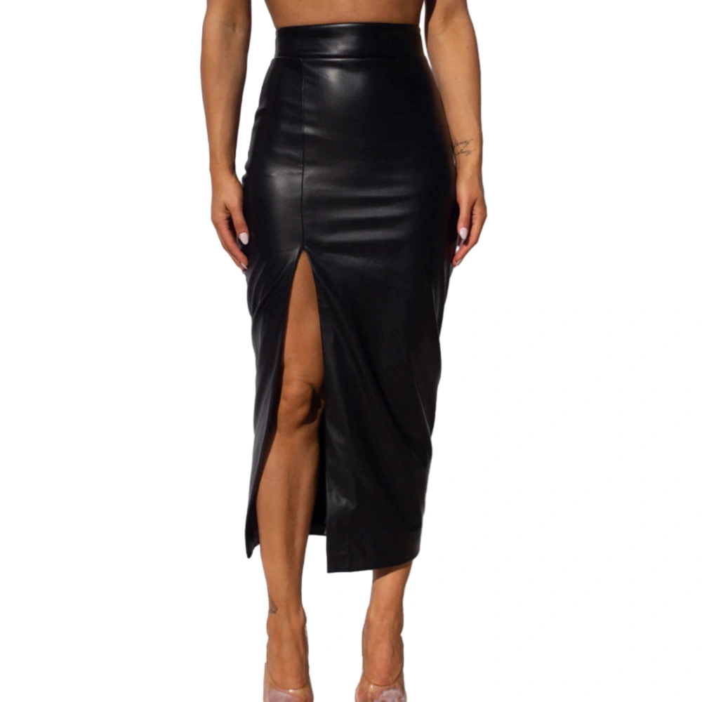 Women's High Waist Leather Skirt Solid Color Slit Elegant Midi Skirt