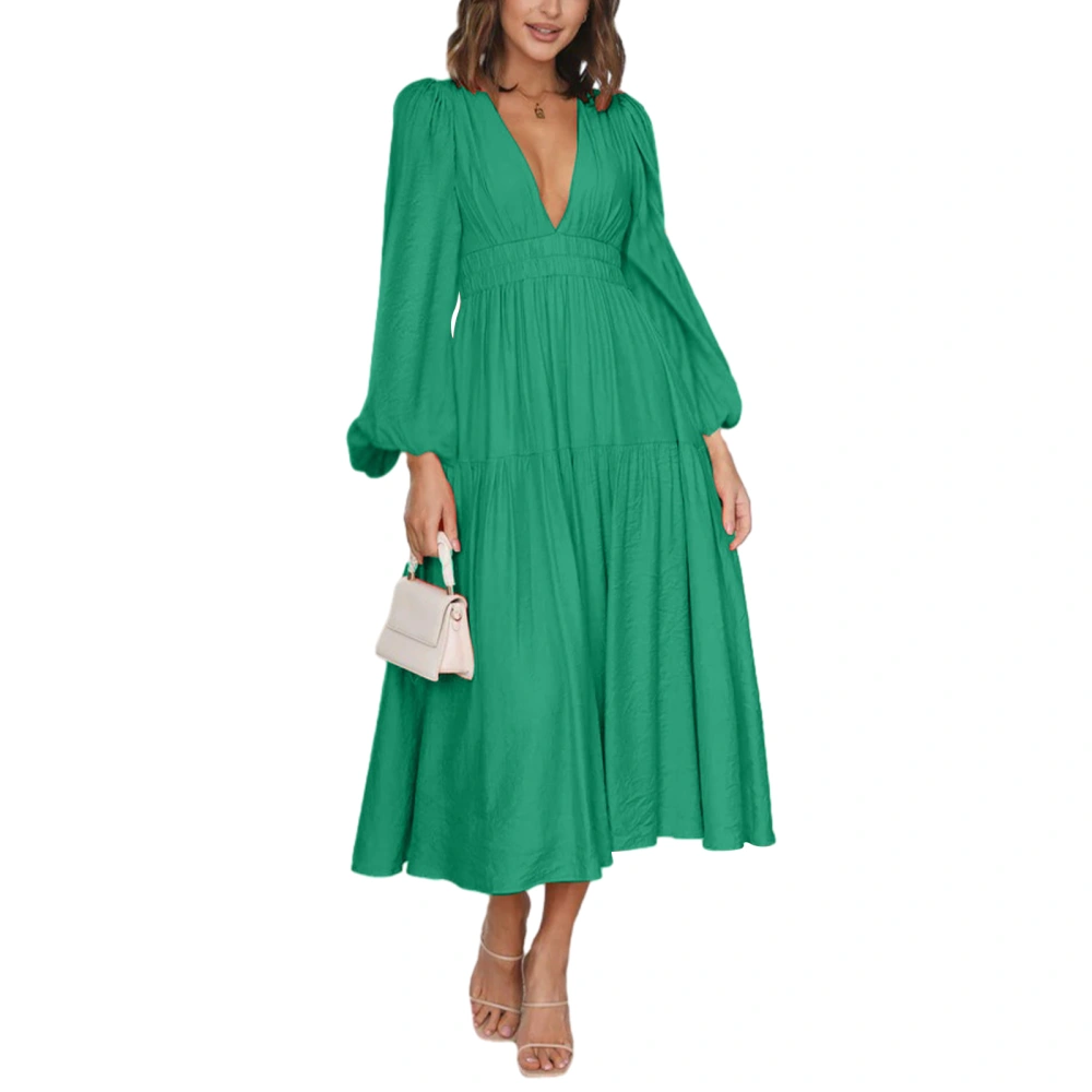 Women Long Dress Solid Color V-Neck Long Sleeve Big Swing Boho Dress