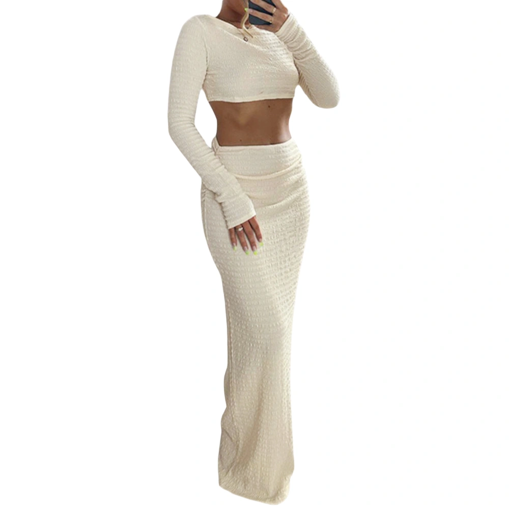 Women's Solid Color Long Sleeve Cropped Tops+ High Waist Long Skirt