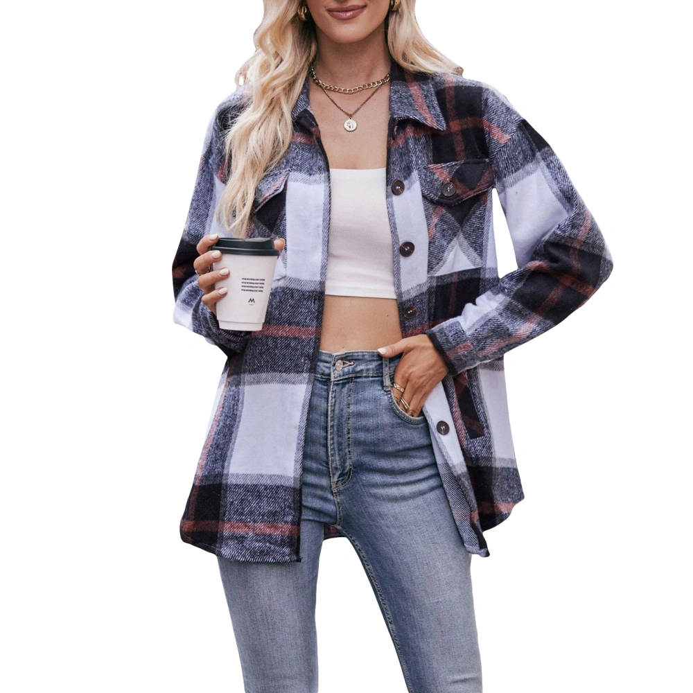 Women's Autumn Winter Long Sleeve Lapel Button Plaid Shirt Tops