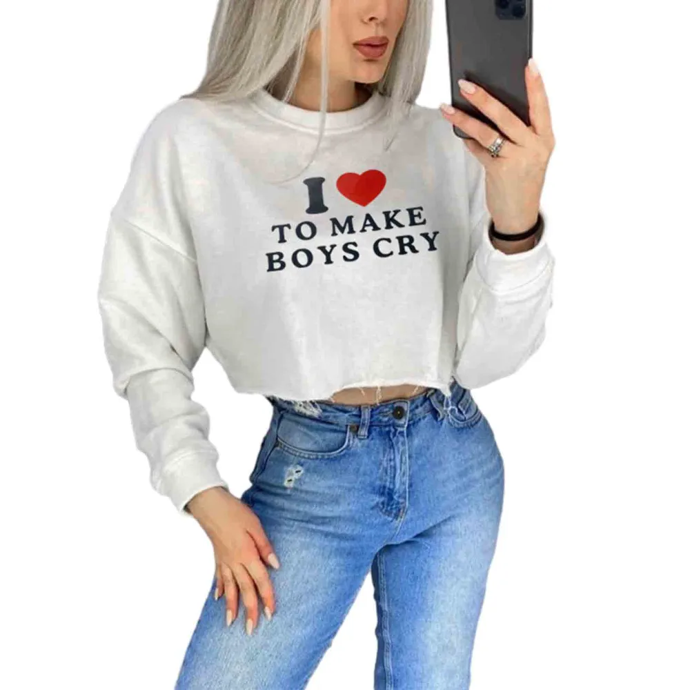 Women's Cropped Sweatshirts Letter Heart Print Crew Neck Pullovers