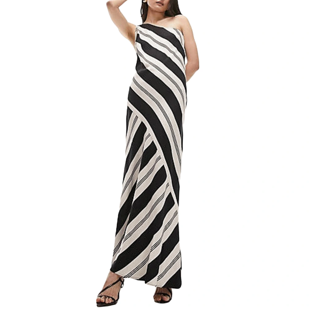 Women Summer Casual Long Dress Oblique Stripe Sleeveless Dress