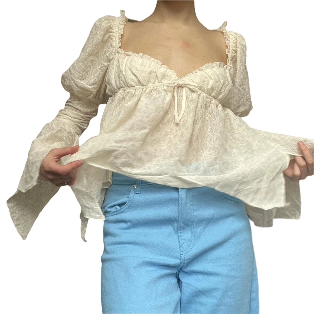 Women Puff Long Sleeve Blouses Lace Frills Sweetheart Neckline Shirts