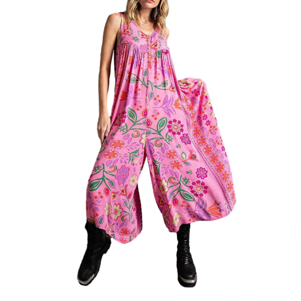 Women Summer Loose Jumpsuits Retro Floral Print V-Neck Long Rompers