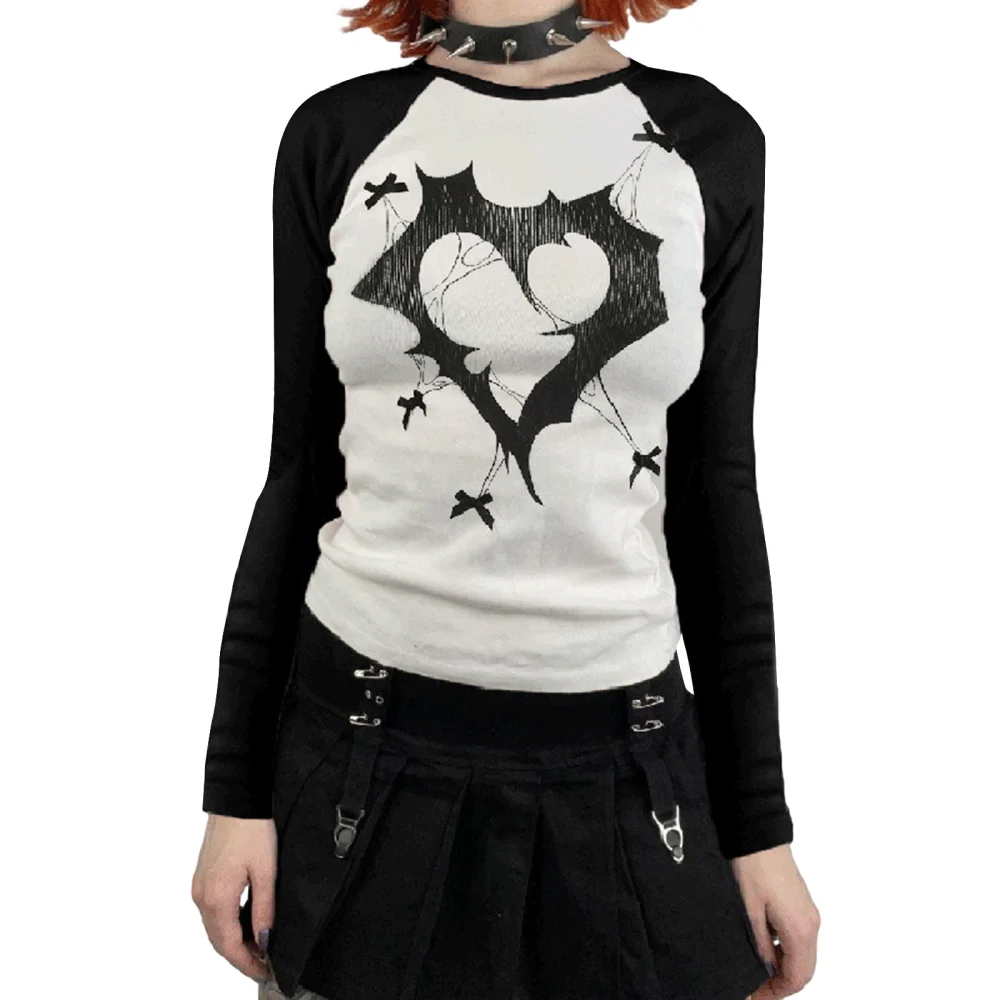 Women Vintage Long Sleeve Heart Crop Tops Round Neck Slim T Shirt