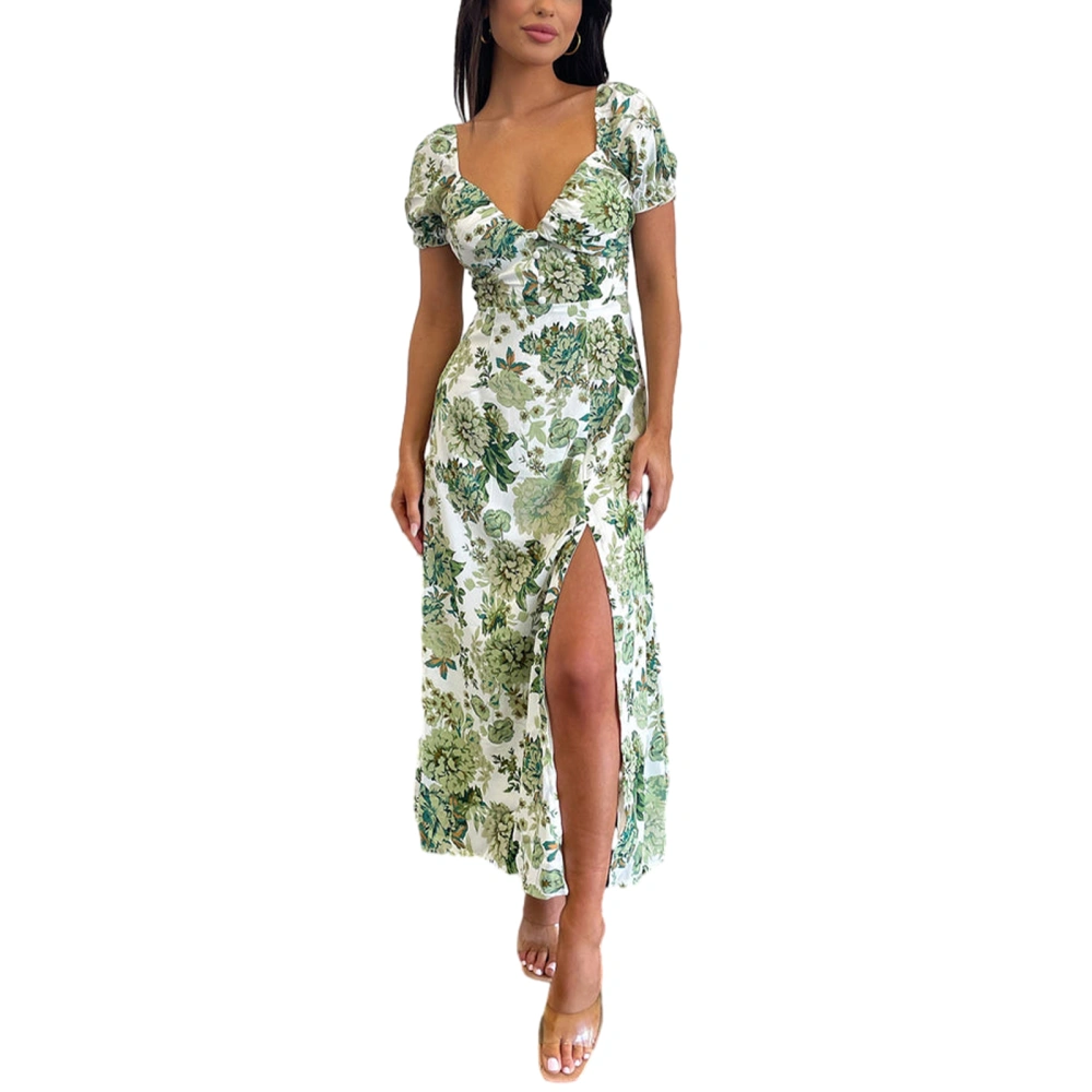 Women's Summer Short Sleeve V Neck High Split Midi Floral Dress