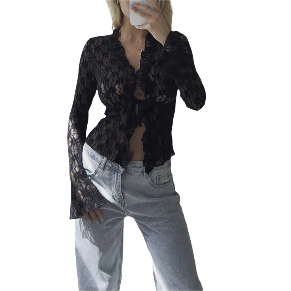 Women's Summer Lace Floral Tops Flare Long Sleeve Tie Front Cardigan