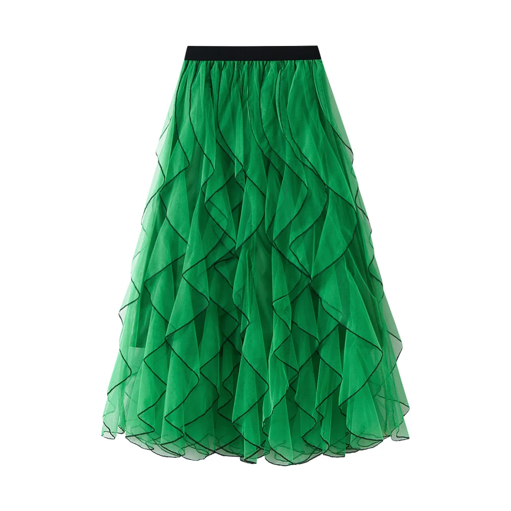 Women’s Tulle Long Skirts Elastic High Waist Ruffle Tutu Skirts