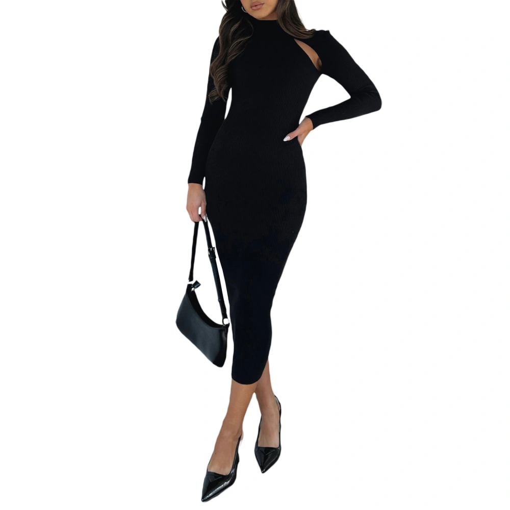 Women's Solid Midi Dress Long Sleeve High Neck Cutout Front Dress