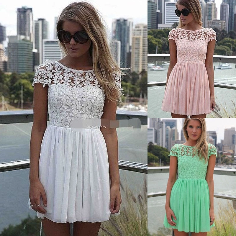 Women Summer Dress, Short Sleeve Solid Slim Fit Floral Lace Dress