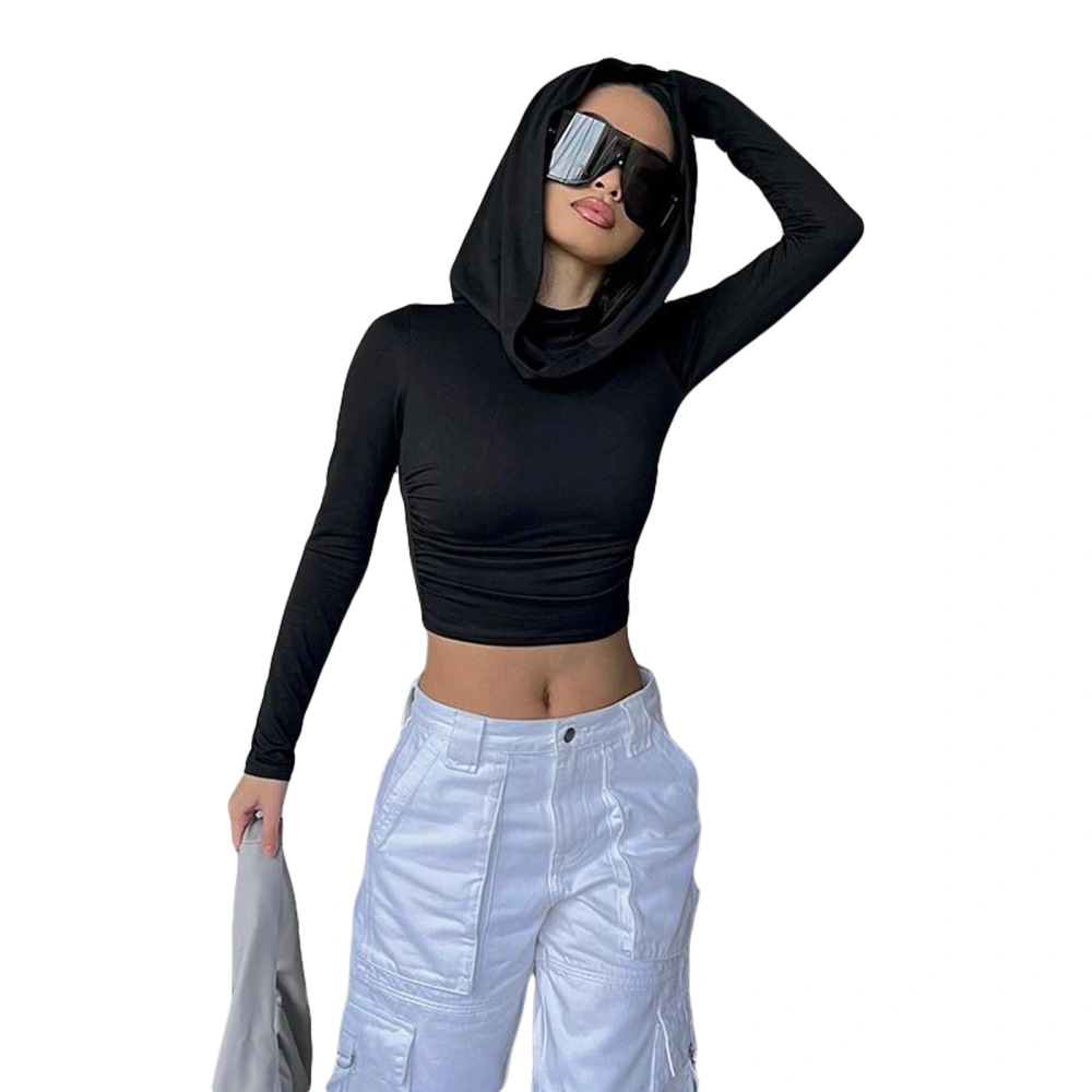 Women's Hooded Crop Tops Long Sleeve Cowl Neck Solid Color T-Shirt