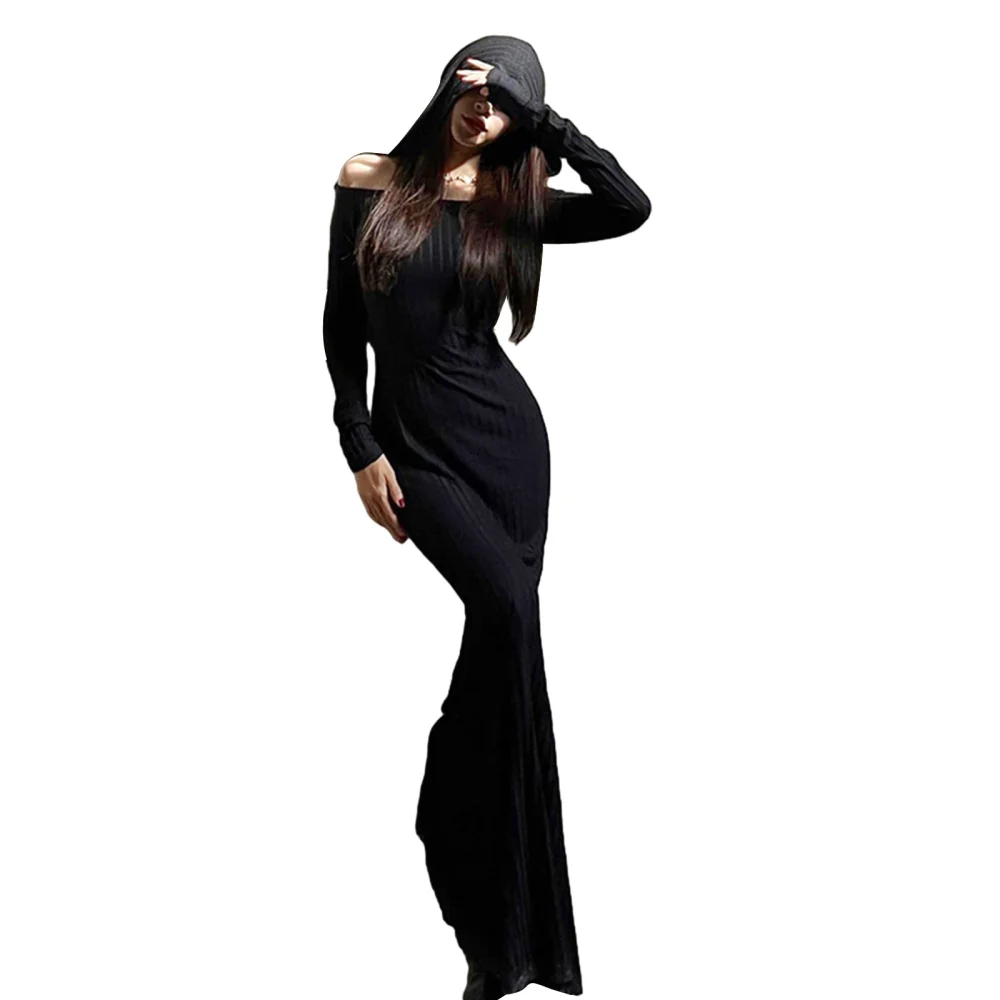 Women Long Bodycon Dress Gothic Solid Color Hooded Long Sleeve Dress