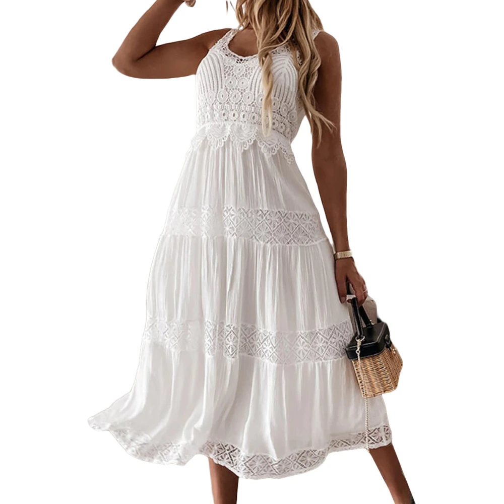 Women Summer Solid Color Sleeveless Backless Flowy Beach Dress