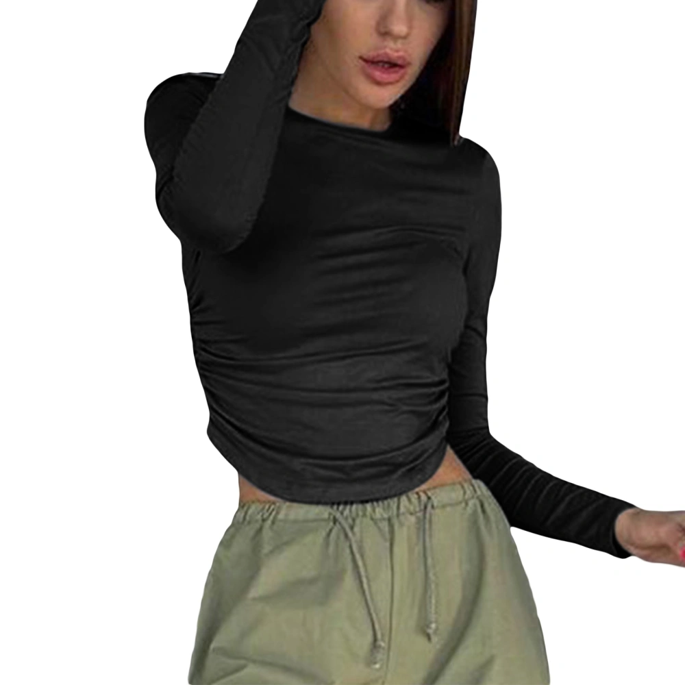 Women Crop Ruched Tops Solid Color Long Sleeve Shirt Fitted Pullover 