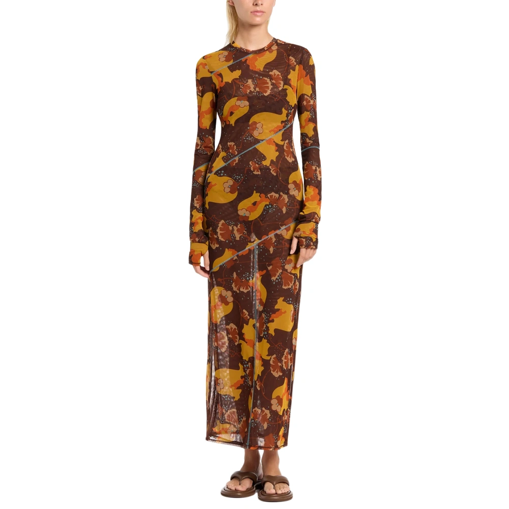 Women Long Dress, Long Sleeve Crew Neck Flower Print Sheer Slit Dress