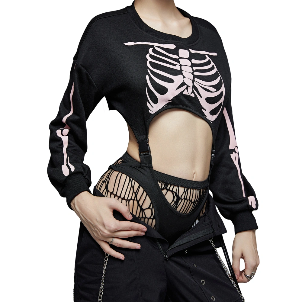 Women Bodysuit Goth Skull Print Long Sleeve Round Neck Jumpsuit