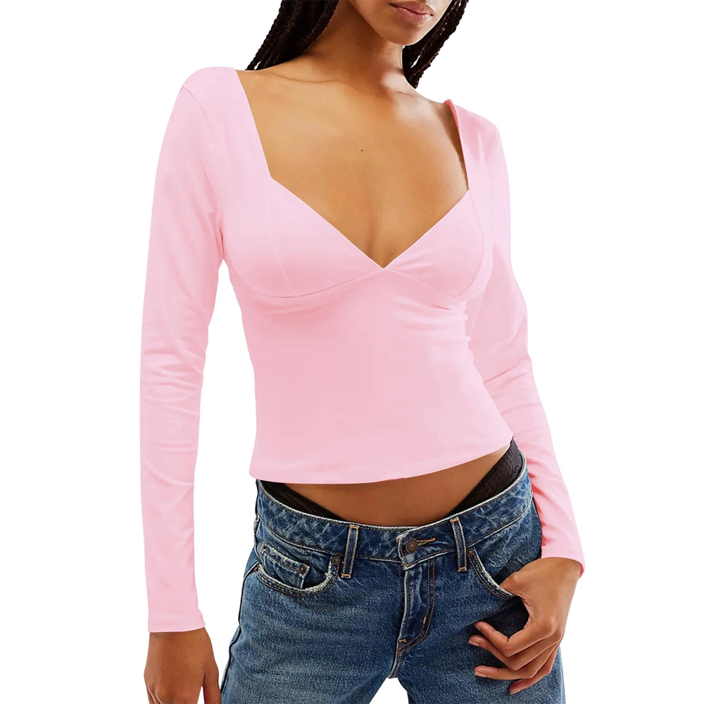 Women Casual Backless Long Sleeve Solid Color Slim Fit Crop Tops