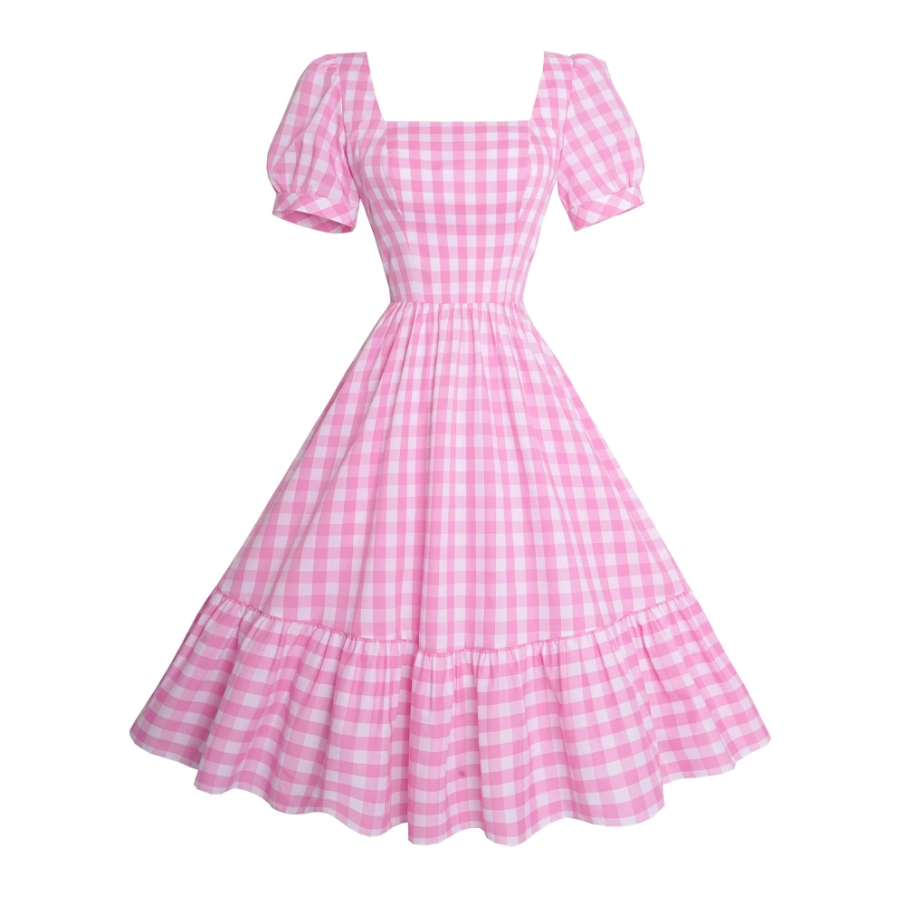 Women Summer Casual Midi Dress Plaid Short Puff Sleeve A-line Dress