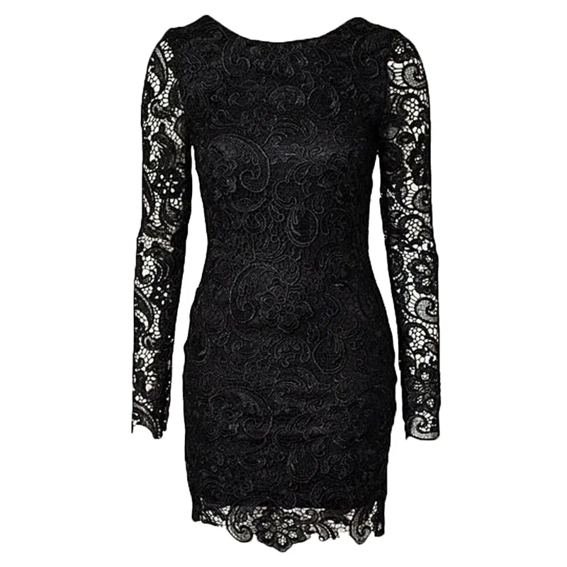 Women Sexy Dress, Long Sleeve Plain Crew Neck Floral Lace Cutout Dress