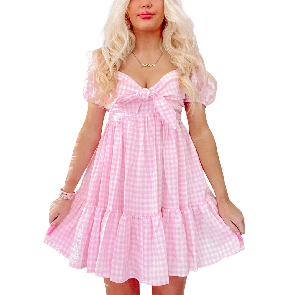 Women's Summer Pink Short Sleeve Front Bow Decor Plaid Dress