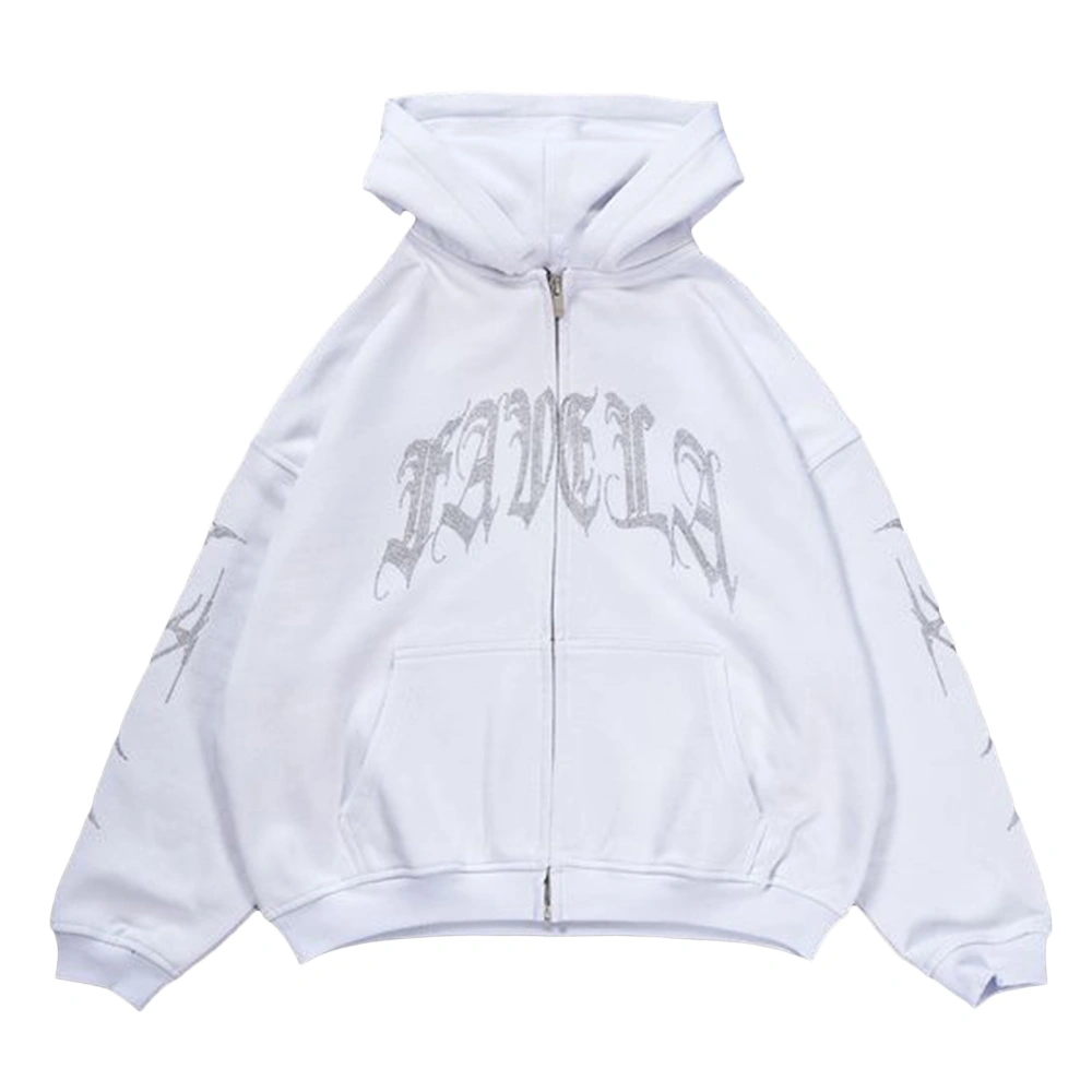 Women Halloween Long Sleeve Rhinestone Letter Bone Print Zip Up Hoodie