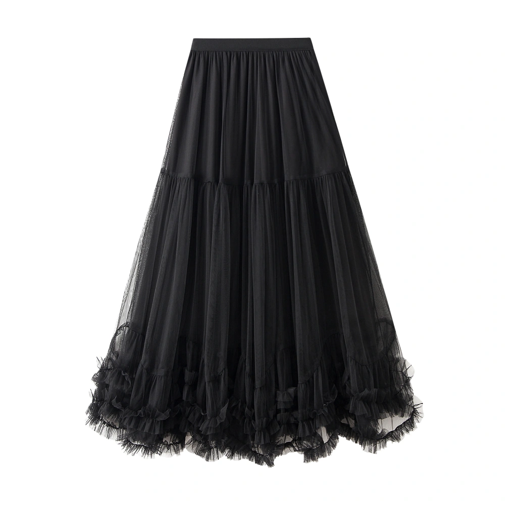 Women’s Tulle Long Skirts Elastic High Waist Ruffle Hem Tutu Skirts