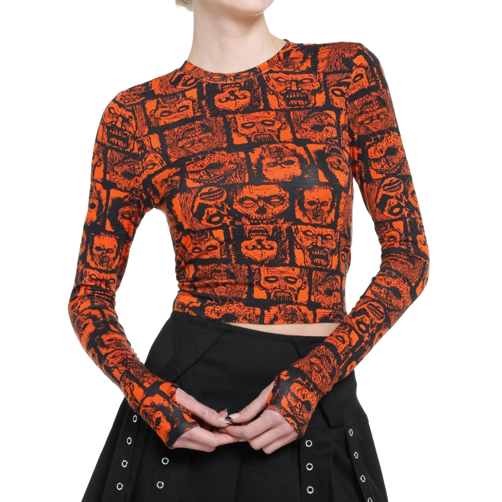 Women's Zombie Grid Crop Tops Long Sleeve T-Shirts Halloween Tops