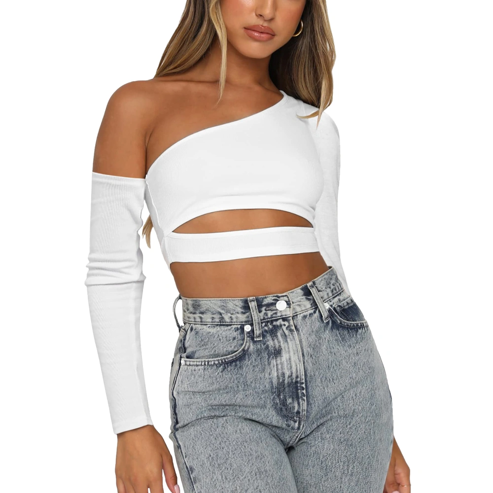 Women T-shirt, Long Sleeve Oblique Neck Hollowed Solid Crop Top