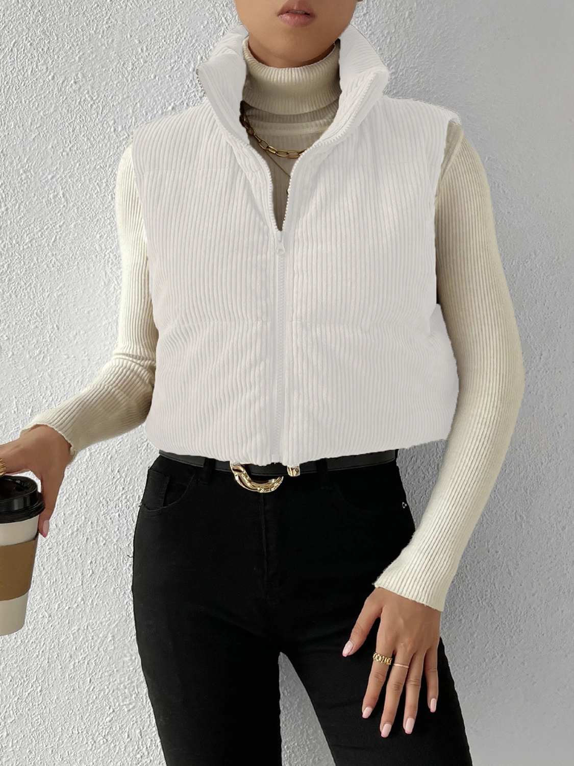 Women Corduroy Puffer Vest Solid Color Stand Collar Quilted Waistcoat