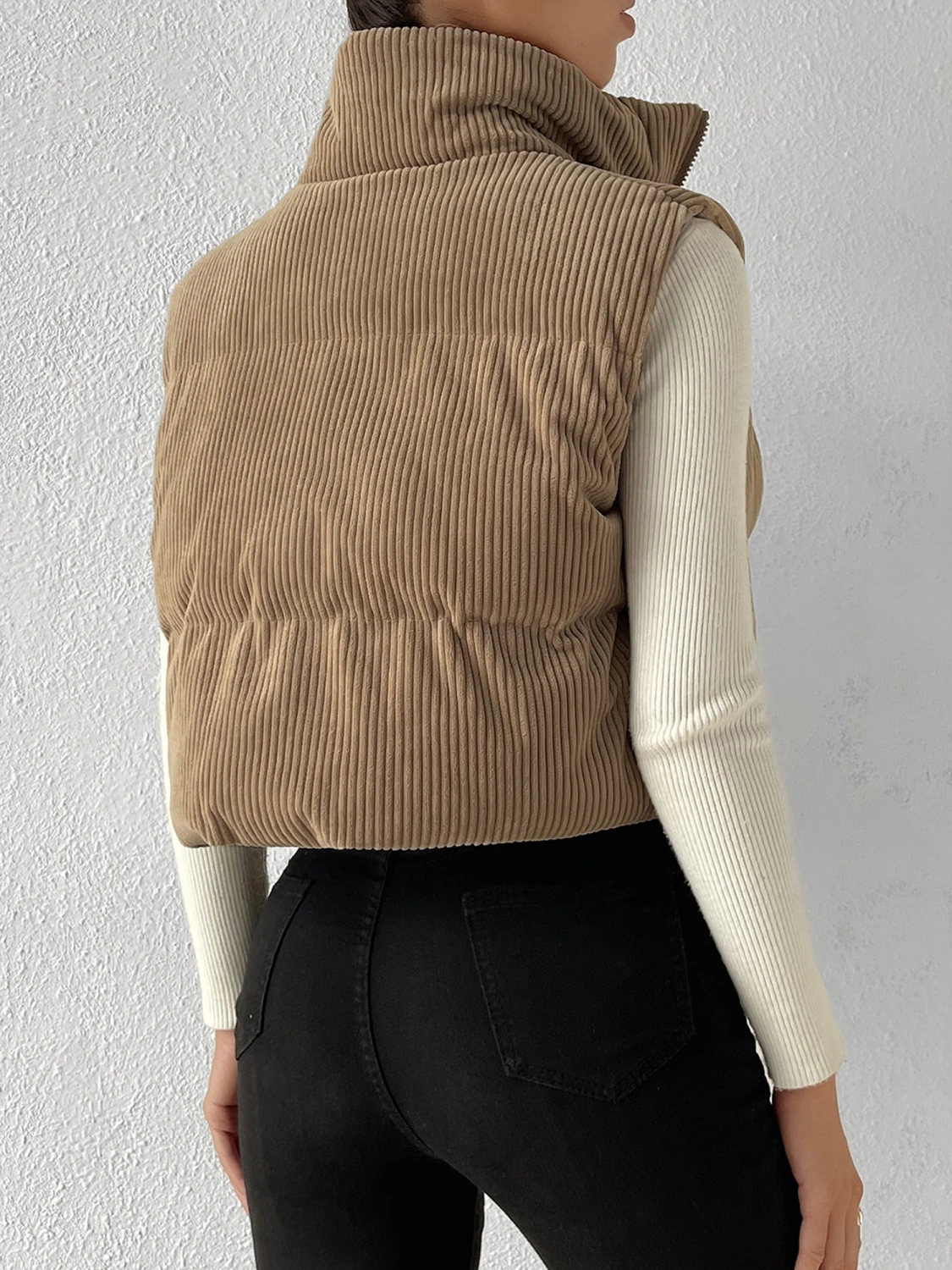 Women Corduroy Puffer Vest Solid Color Stand Collar Quilted Waistcoat