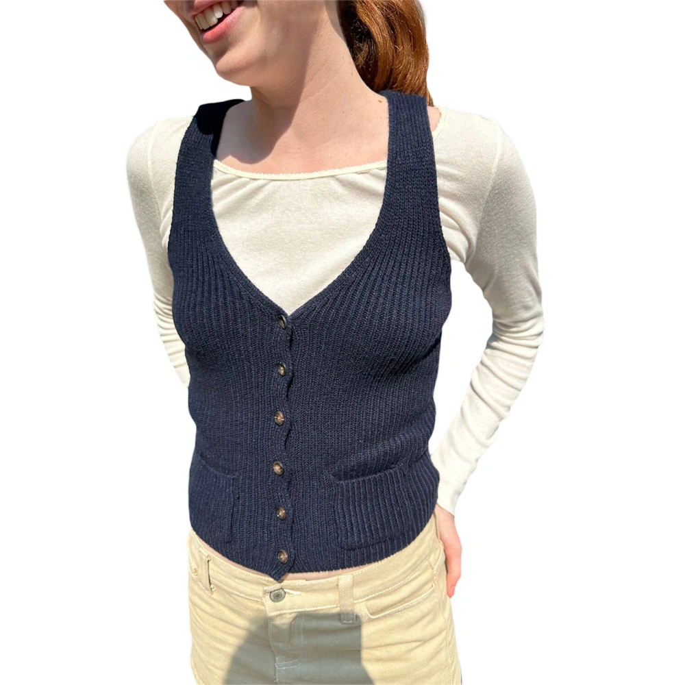 Women's Summer Knit Tank Tops, Solid Ribbed V-Neck Button Waistcoat