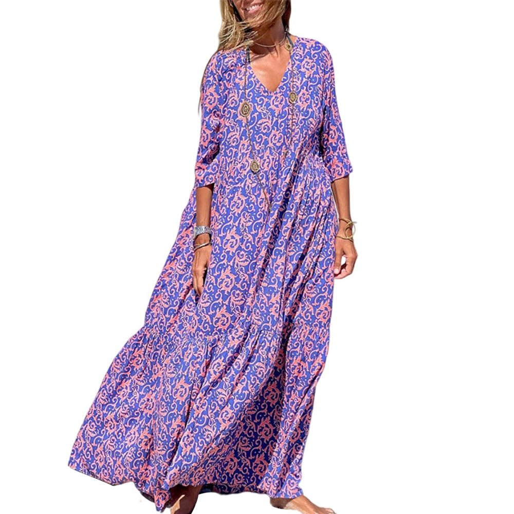 Women Summer Long Dress Print V-Neck 3/4 Sleeve Beach Holiday Dress