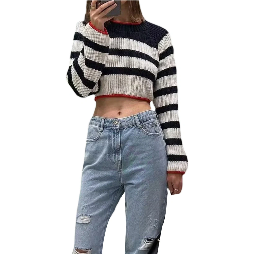 Women's Cropped Sweaters Stripe Long Sleeve Cross Bandage Knitwear