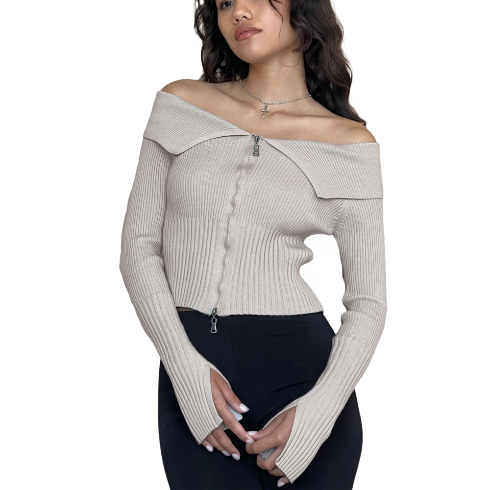 Women Crop Knitted Tops Long Sleeve Off-Shoulder Shirt Zipper Cardigan