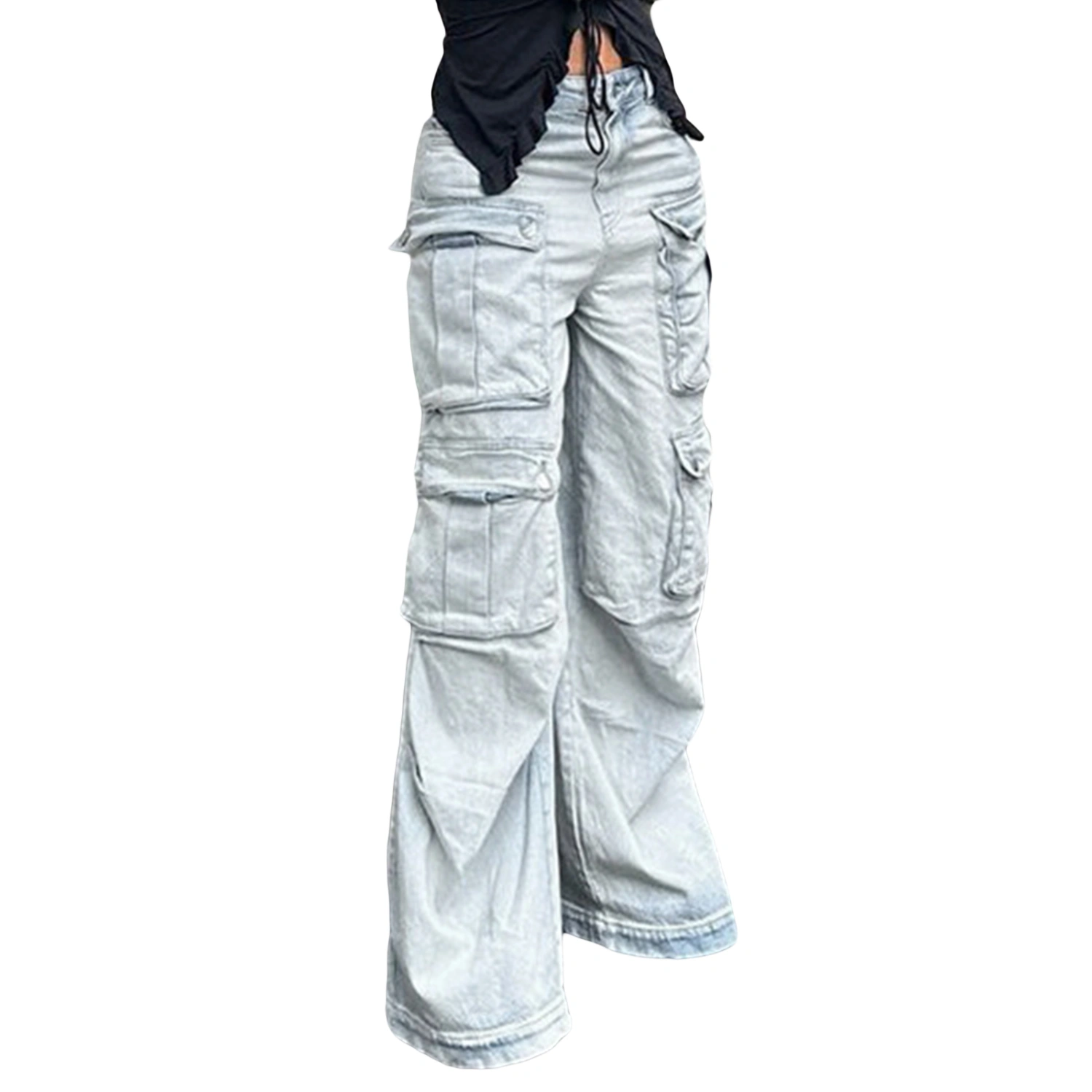 Women Baggy Cargo Sweatpants Solid Color Wide Leg Denim Joggers Pants 