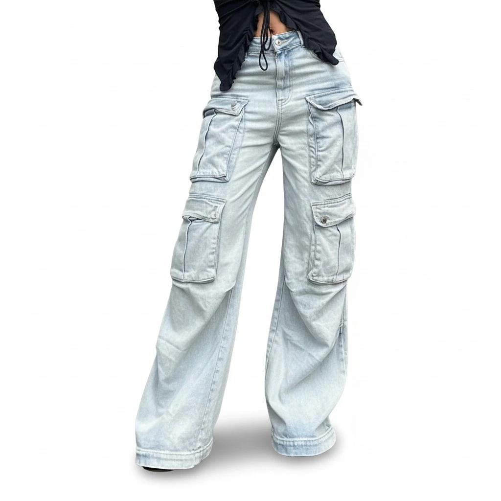 Women Baggy Cargo Sweatpants Solid Color Wide Leg Denim Joggers Pants 