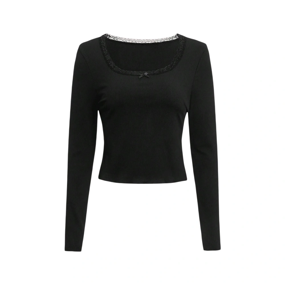 Women's Summer Slim Cropped Tops Solid Color Long Sleeve T-Shirts 