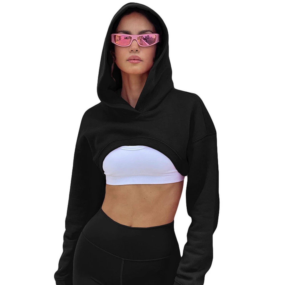 Women's Solid Color Super Crop Hoodie, Solid Long Sleeve Sweatshirt 